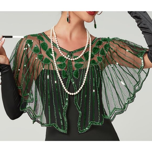 Women's Green 1920s Shawl Sequin Beaded Evening Cape Retro Wedding Wraps Scarf - Picture 2 of 7